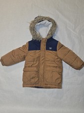 Oshkosh B  Gosh Hooded Jacket Blue  Tan Winter Fur Trim Hood 3T Toddler