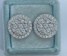 2Ct Round Cut Real Moissanite Cluster Halo Stud Earrings 14K White Gold Plated