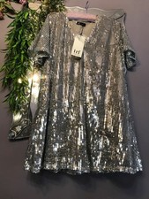 ZARA NEW MINI SEQUIN DRESS SHORT SLEEVE SKATER VNECK SILVER-TAUPE NWT SMALL