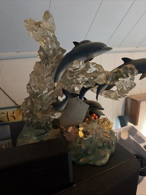 Dolphin Figurine Group Jumping Through Wave Decorative Sculpture