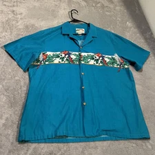 Paradise Found Shirt Mens 2XL Teal Hawaiian Aloha Parrot Macaw Camp Button Front