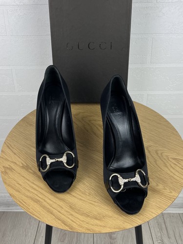 GUCCI Heels Satin Pumps Shoes Crystal Horsebit Peep Toe Wmns Size IT 38.5/US 8.5