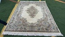 Sears Kismet Kirman Rug 6x9 Ivory Light Blue Brown Vintage 100% Wool Fringed