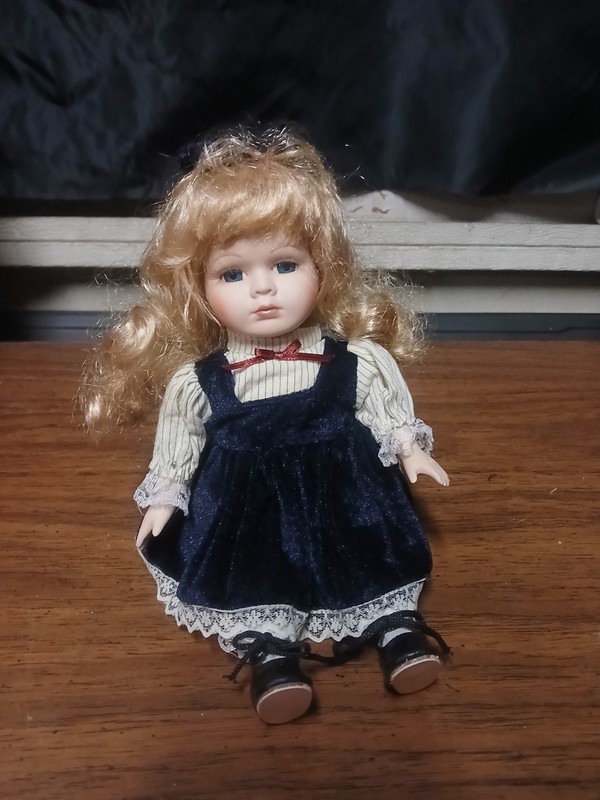 Blonde Curly Hair Girl Doll Navy Dress Outfit with White Blouse, Doll + Outfit
