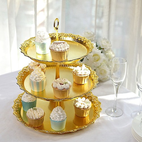 Gold 15" Plastic 3 Tier Metallic Round Cupcake Display Tower Lace Cut Rim Party - 第 6/9 張圖片