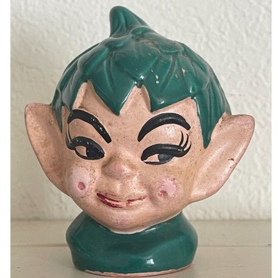 Vintage Elf Head Shaker 1950s Ceramic Hand Painted Pixie Figurine 4'' Mid Century