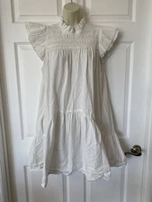 Love The Label Poppy Dress In White Cotton Poplin Smocking Flutter Sleeves Sz L