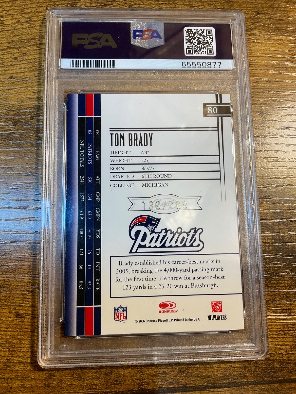 Tom Brady 2006 Leaf Limited #80 PSA 9 Patriots Serial #/799 NFL Football Card view 2
