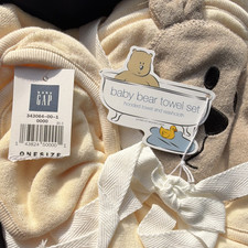 NWT Vintage Baby Gap Baby Bear Hooded Towel Set w/ Washcloth, Beige/Cream Unisex