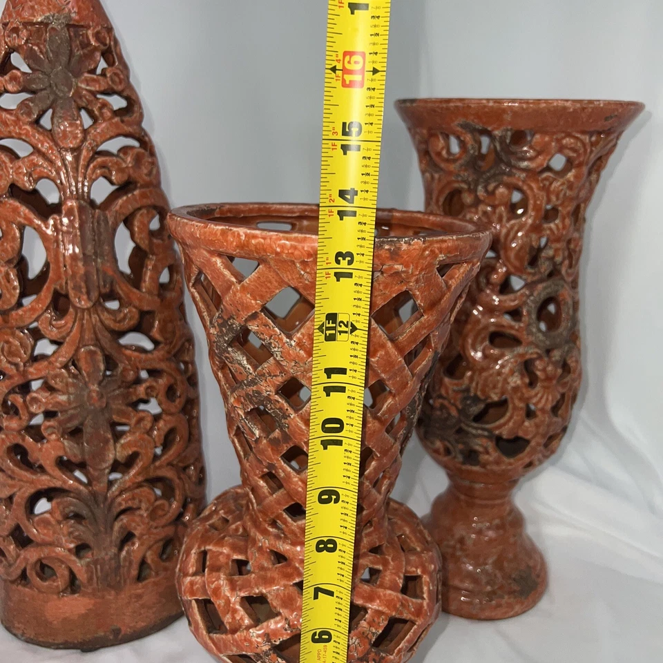 Lote 3 Jarrones Decorativos Privilege International Naranja Marrón Recortados Envejecidos Foto 4 de 4