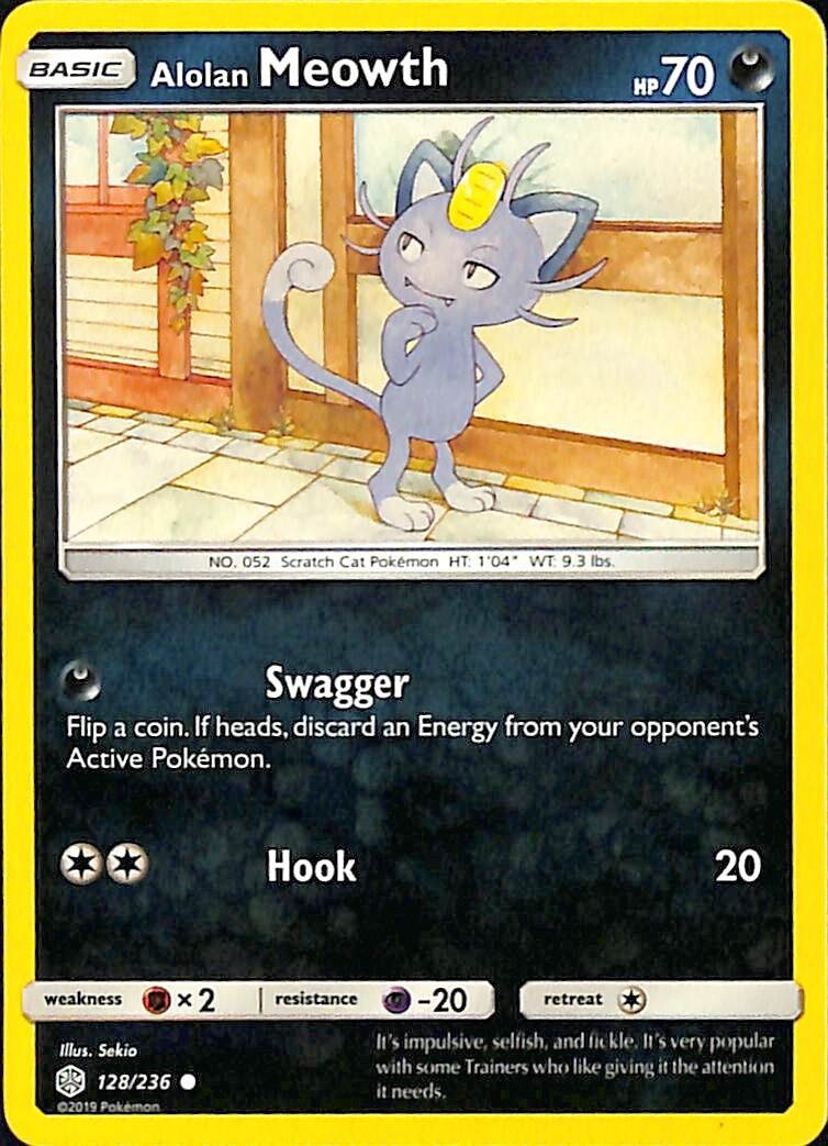 pokemon card alolan meowth Alolan Meowth (128/236) [Sun & Moon: Cosmic Eclipse] Lightly Played Reverse Holofoil