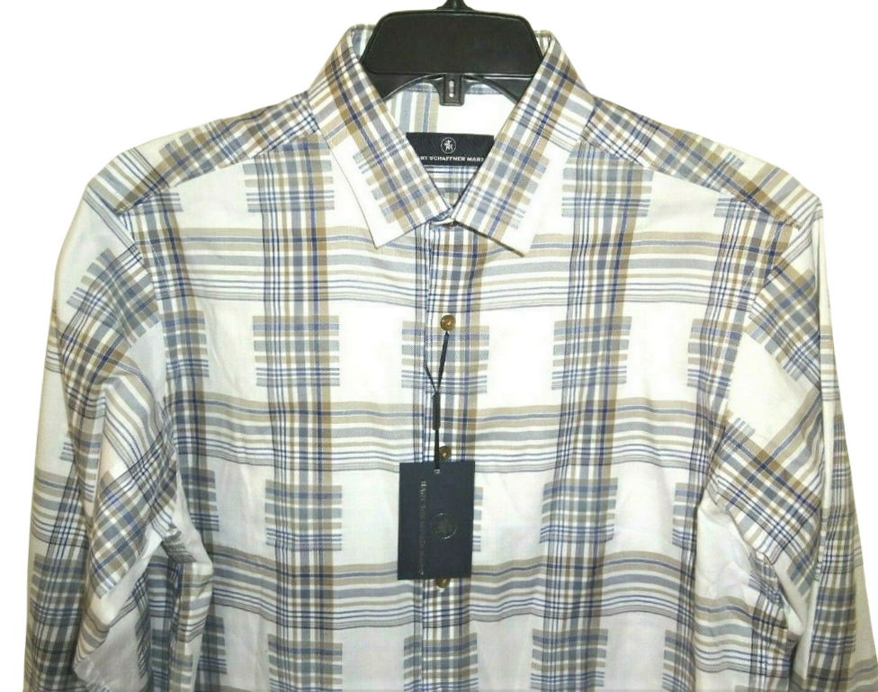 Hart Schaffner Marx MEN'S Shirt White Blue & Brown Abstract Print