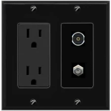 2 Port Electrical Outlet Cover Plug Jack Black UL 2 Gang COAX TOSLINK Wall Plate