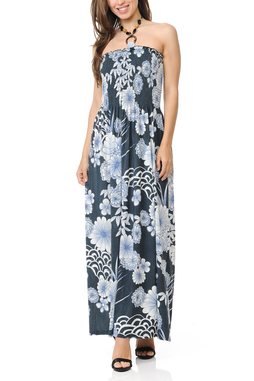 shirred bandeau maxi dress