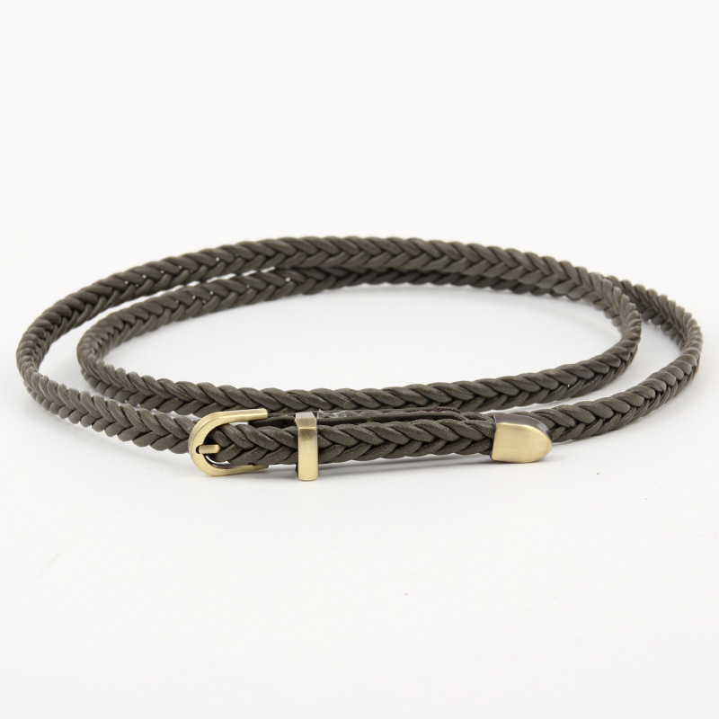 Women Ladies Bronze Buckle Braided Belt Faux Leather Skinny  display picture 3