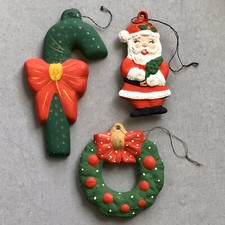 1980s CHRISTMAS TREE Clay Ornaments Handmade Santa Claus, Candy Cane, Wreath