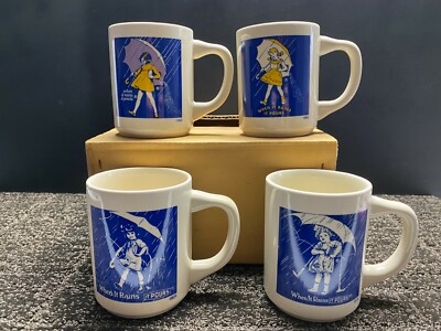 4 Vintage Morton Salt Advertising Coffee Cups Mugs When it Rains it Pours