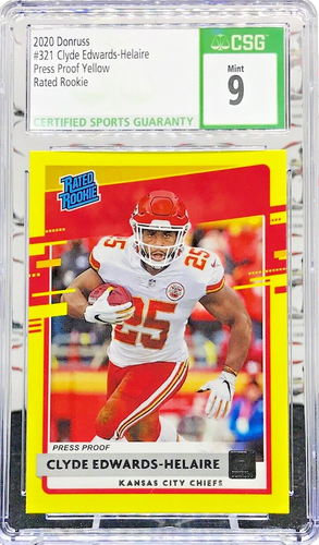 2020 Panini Donruss Clyde Edwards - Helaire Mint 9 Yellow Press Proof Rookie #321 - Bild 1 von 3