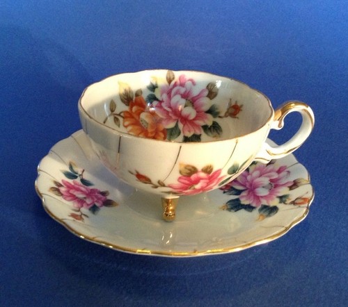 Ucagco Footed Teacup And Saucer - Pink Mums And Gold Accents - Vintage - Japan - Picture 6 of 11