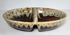 Stoneware Divided Oval Glaze Brown Drip Heavyweight Serving Bowl 10.5" x 7.25"
