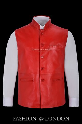 Men's Real Leather Waistcoat Mandarin Collar Red Napa Indian Ethnic Vest 3946