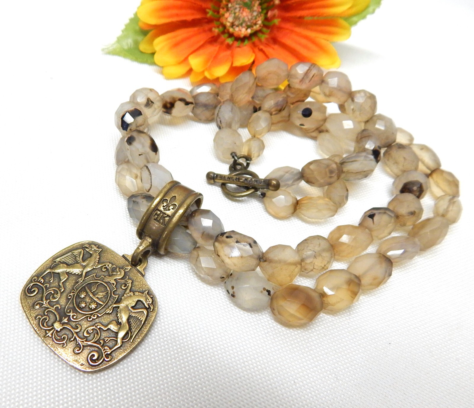 FRENCH KANDE MULTI STRAND INCLUSION QUARTZ & BRASS GRIFFON PENDANT