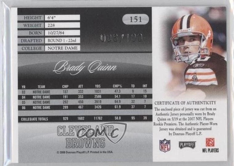 2008 Prestige Rookie Review Materials Prime /100 Brady Quinn #151 - Image 2 of 2