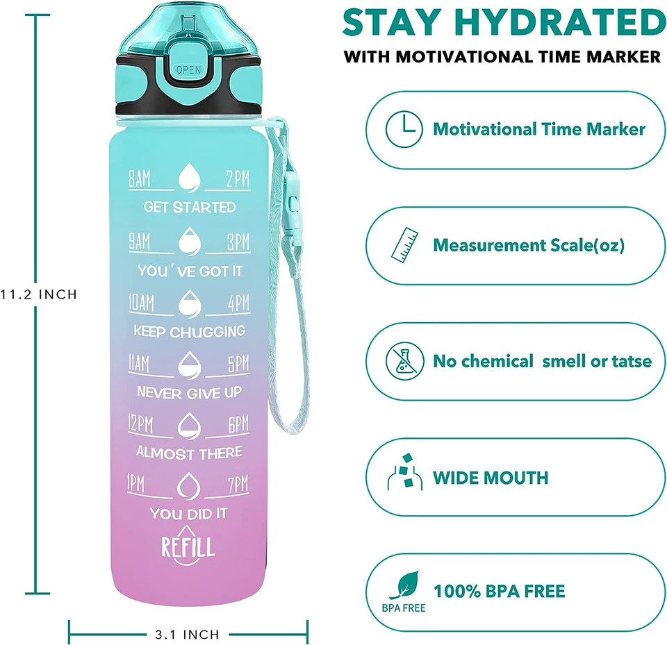 Enerbone 32 Oz Drinking Water Bottle with Times to Drink and Straw, Motivational