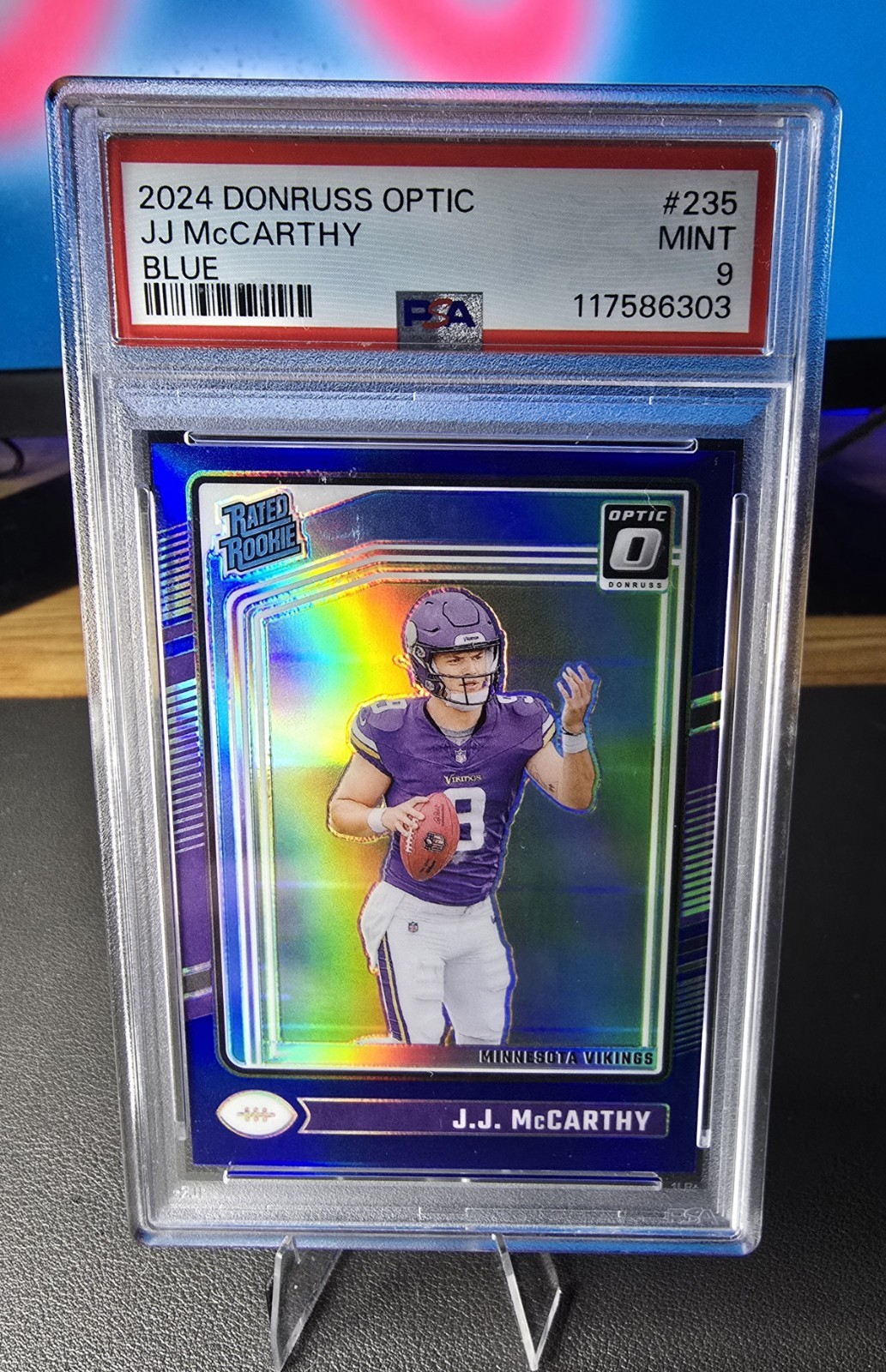 2024 Panini Donruss Optic Rated Rookie J.J. McCarthy #235 Blue Prizm /199 PSA 9
