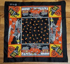 Vintage Halloween Bandana - Paris USA Handkerchief - Pumpkin Candy Corn Cat
