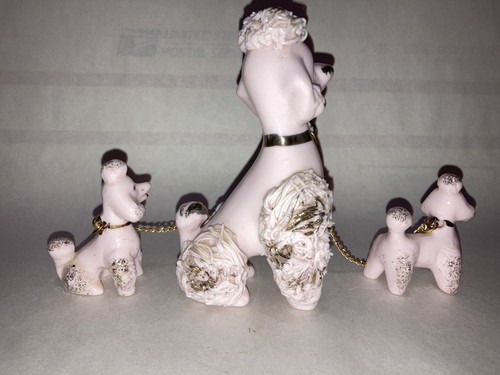 Vintage Lefton Spaghetti Poodle With Puppies On Chain Made In Japan Pink - Picture 4 of 9