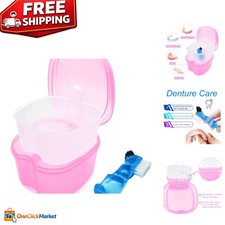 Light Pink Denture Bath Case with Mini Toothbrush - Portable Cleaning Cup