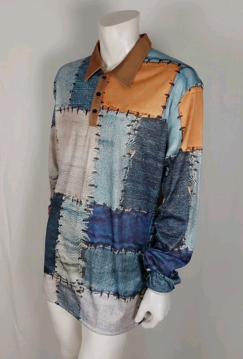 Patch Print Stretch Long Sleeve Collard Shirt Men… - image 3