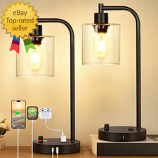 Set of 2 Industrial Table Lamps with USB Port Fully Dimmable Bedside Lamps