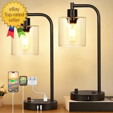 Set of 2 Industrial Table Lamps with USB Port Fully Dimmable Bedside Lamps