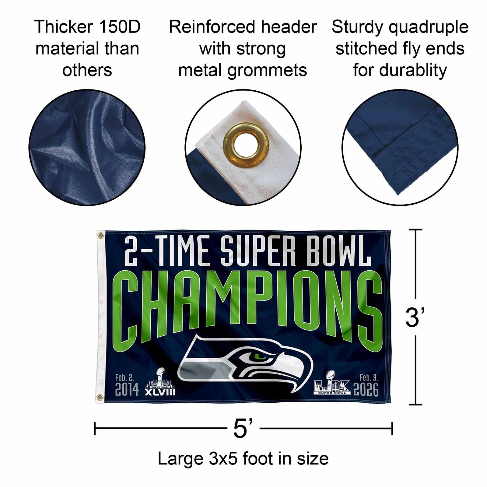 Seattle Seahawks 2 Time Super Bowl Champions Flag