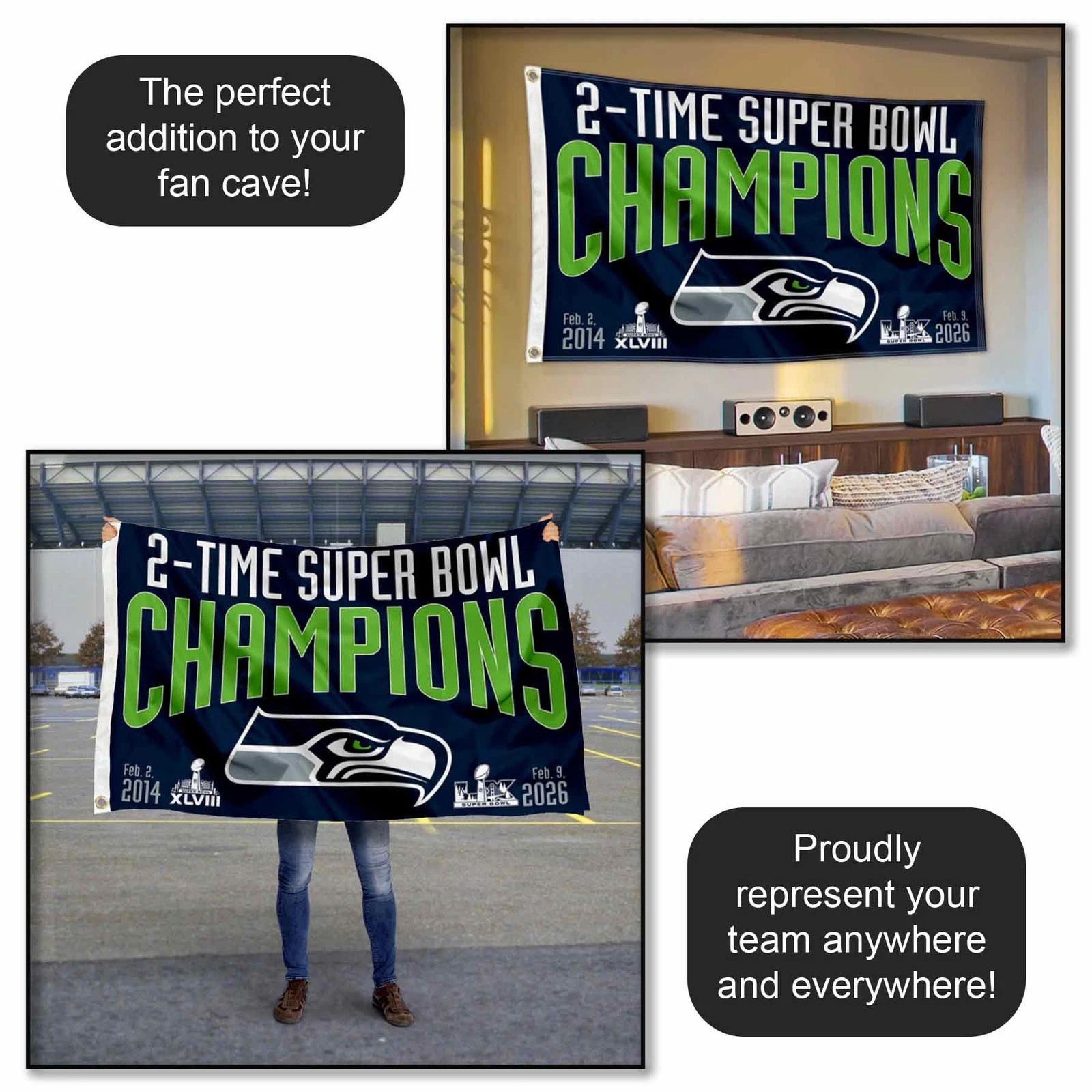 Seattle Seahawks 2 Time Super Bowl Champions Flag