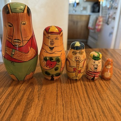 Authentic Models Vintage Hand-Painted Wooden Wolf & Pigs Nesting Dolls Set of 5