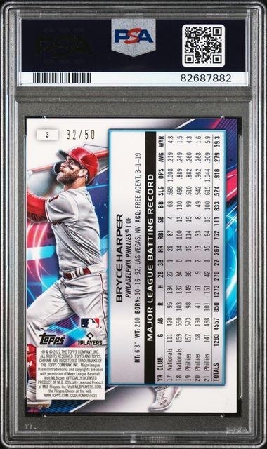 2022 Topps Cosmic Chrome Bryce Harper Gold Interstellar Refractor /50 PSA 10 view 2