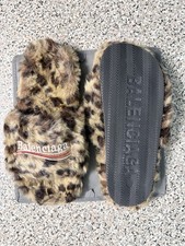 Balenciaga Leopard Print Faux Fur Slide Slippers Brown Black US 11 Unisex