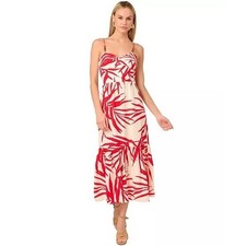 nwt Adrianna Papell Red Palm Print Midi Dress Wood Bead Straps Smocked Size 14