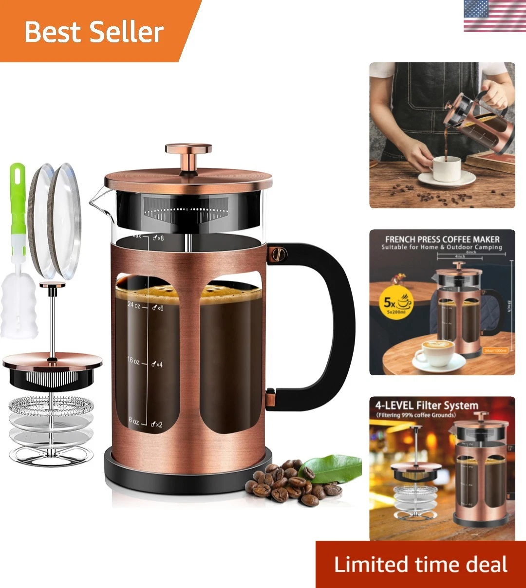 French Press Coffee Maker 34oz 1Quart 5-6Cup Coffee Press, with 4 Filters Sys...