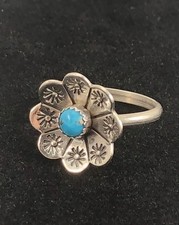 Antique Sterling  Turquoise Stamped Flower Southwest Ring Sz5.75
