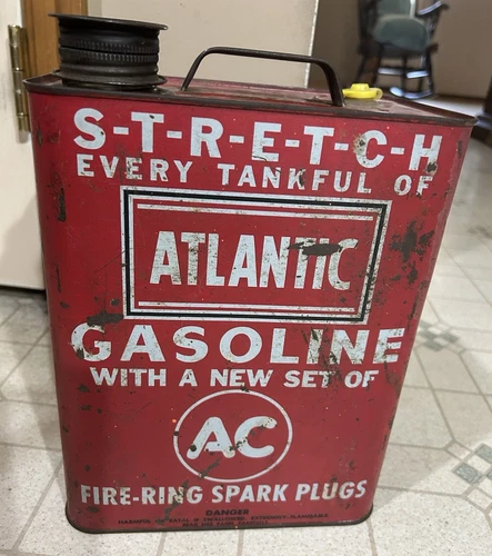 VINTAGE ATLANTIC AC GAS OIL CAN ATLANIC GAS CAN AC SPARK PLUGS 2 GALLON CAN