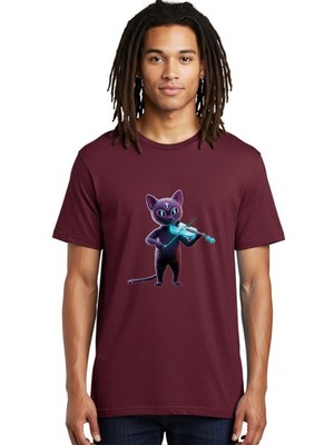 Cartoon-Cat-Playing-Violin Mens Graphic Tee, 100% Cotton, Casual Summer Wear