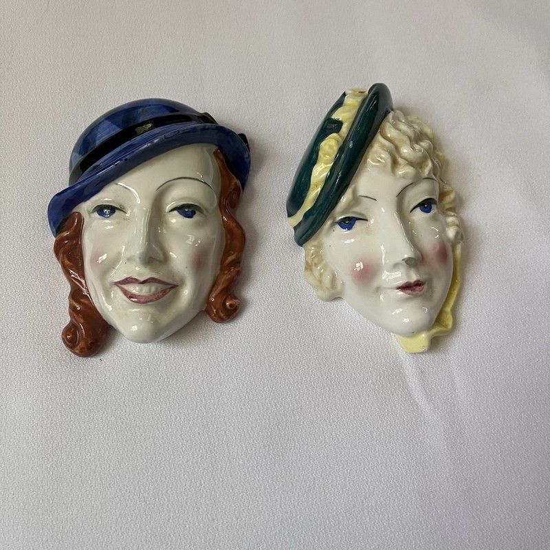 Two Art Deco Lady Women Face Head Wall Plaques 1930’s Made In Japan