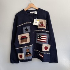 Croft & Barrow Sweater Womens Large Blue Teddy Bear Flag Button Cardigan Knit
