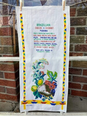 Vintage Carrie Wilson Linen Kitchen Tea Towel Brazilian Cheese-Cocoanut Pudding