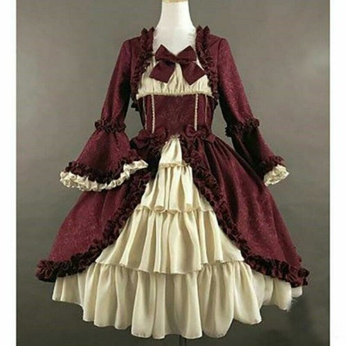 Women Gothic Lolita Dress Tiered Ruffle Vintage Medieval Victorian Costume - Picture 6 of 13