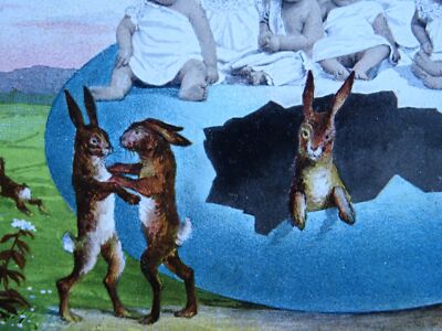 Ostergrüße TANZENDE HASEN viele Babys & großes Ei um 1903 Postkarte